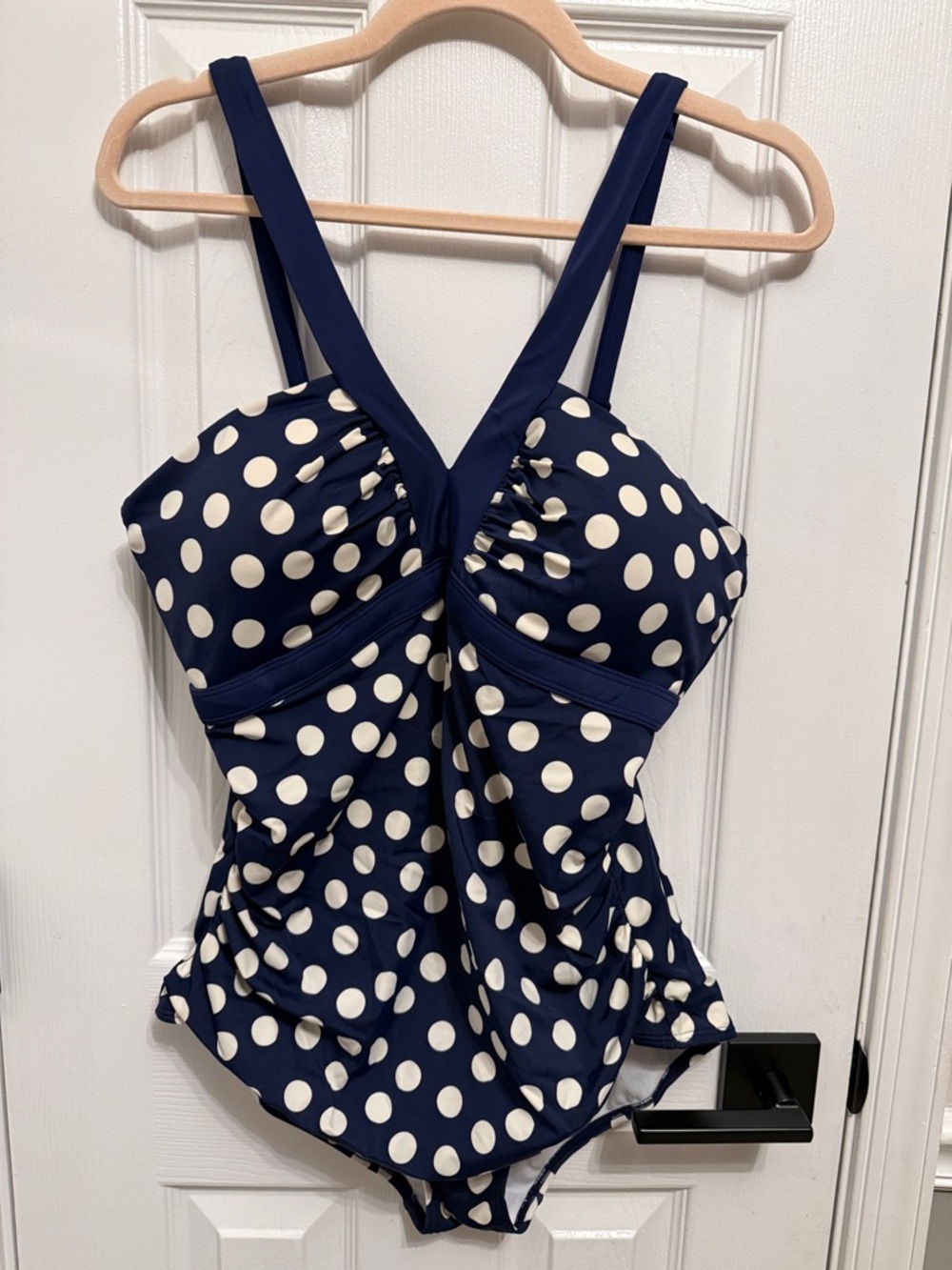 Boden Corsica V-Neck One Piece Navy and White Polka Dot Swimsuit Sz 14R